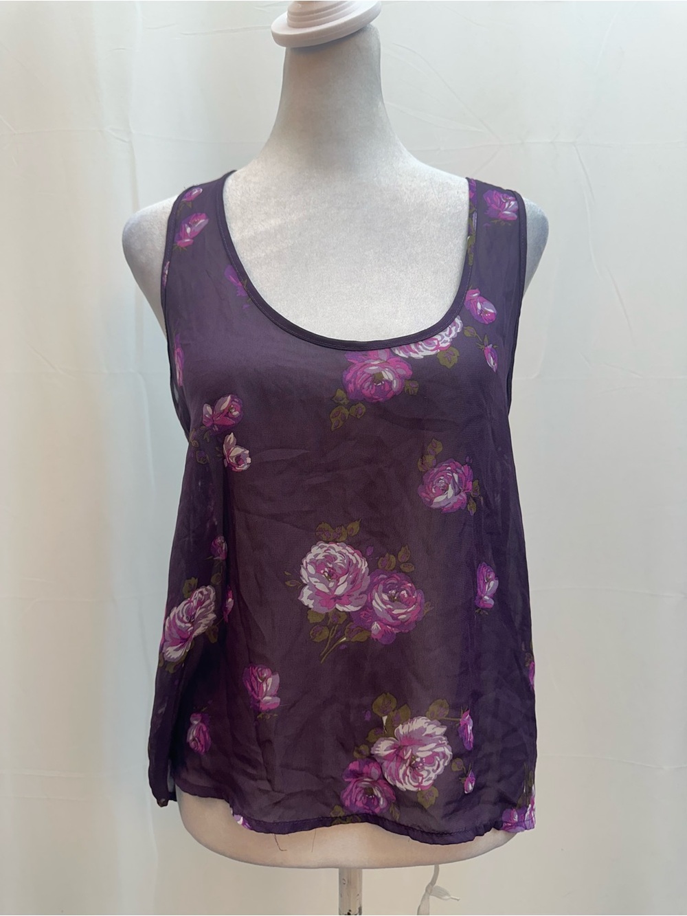 Dream Out Loud Purple Sleeveless Sheer Floral Scoop Neck Tank Top L